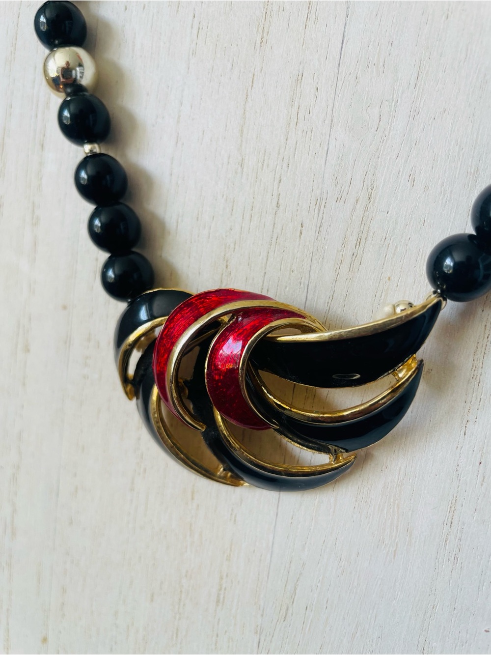 Vintage Givenchy Statement Black and Red Enamel Necklace with Gold Accents 1980’